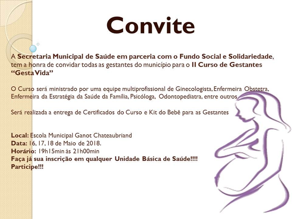 Saúde e Fundo Social realizam nos dias 16, 17 e 18 de Maio o “II Curso de Gestantes – Gesta Vida”