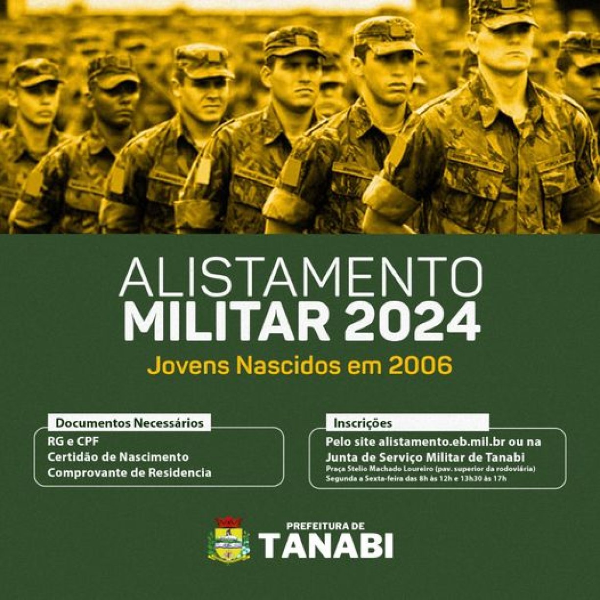 Jovens de Tanabi nascidos em 2006, é hora de realizar o Alistamento Militar 2024!